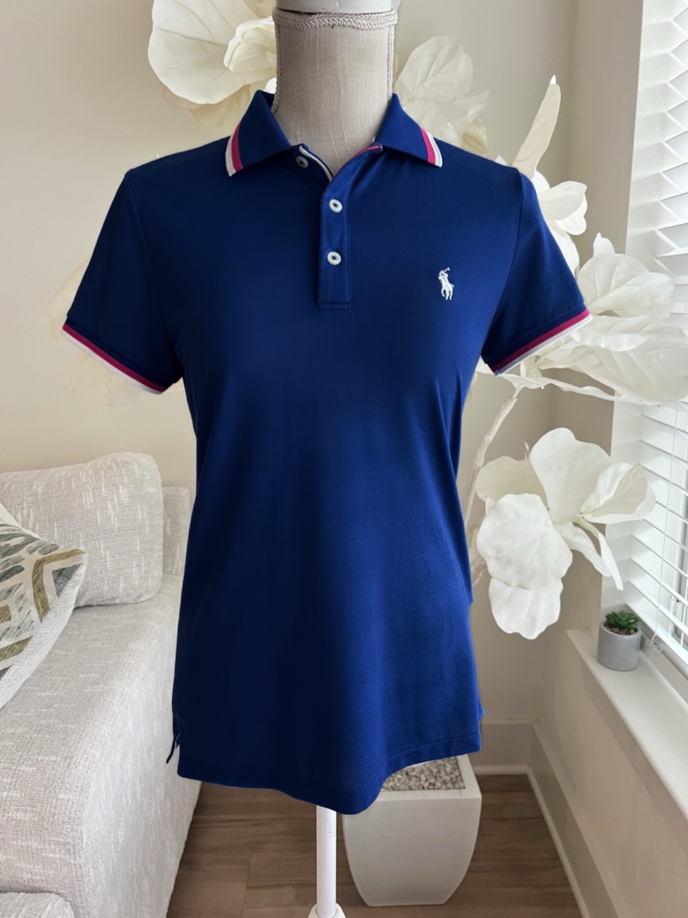 Ralph Lauren Navy Polo with Pink & White Trim Golf Woman’s Shirt Size Small